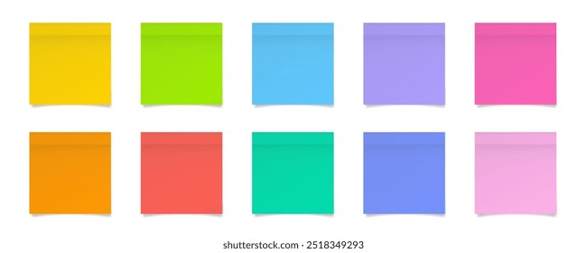 Set of square paper stickers. Stick in notes. White, blue, red, violet, green, yellow, orange and pink neon colors. Multicolor post it notes. Sheets of paper. Tag, sticky note