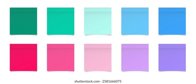 Set of square paper stickers. Stick in notes. Teal green, blue, magenta, crimson, pink, violet and purple colors. Multicolor post it notes. Sheets of paper. Tag, sticky note