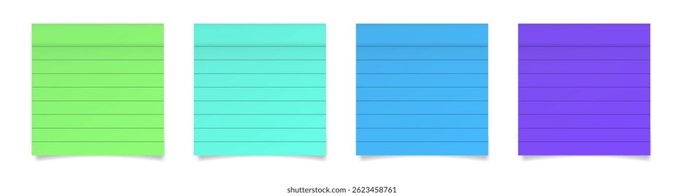 Set of square paper stickers. Stick in notes. Green, blue and purple colors. Multicolor lined notes. Sheets of paper. Tag, sticky note	