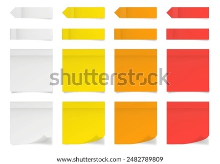 Set of square paper stickers. Stick in notes. White, yellow, orange and red colors. Multicolor post it notes. Sheets of paper. Tag, sticky note. Pointed bookmarks