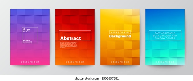 Set of square pattern on colorful red, purple, yellow, blue gradient background. Abstract minimal design template for Brochure, Flyer, Poster, leaflet, Annual report, Book cover, A4 size