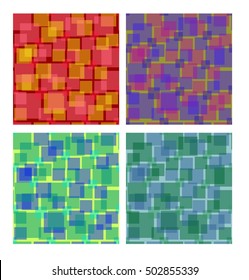 Set of square patterns in different colors, overlapping semitransparent square shapes, seamless vector background collection