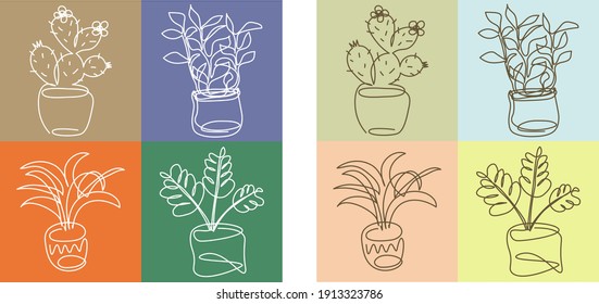 Set of square patterns with home plants drawn in outline style, backgrounds for social media templates