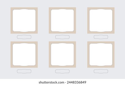 Set of square photo cards with decorative frames. Collage of 6 empty photo border with vignette for text. Blank Template for collages and design. Vector mockup. EPS10.