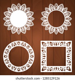 Set of square photo frame with cutout paper swirls, vector border ornament, template for laser cutting, vintage lace decoration for greeting card, wedding invitation design. Filigree doily photo frame
