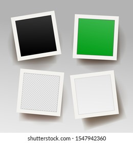 Set of square photo frame template with shadows. Photo with black, green, transparent and white background. Vector illustration. Isolated on white background.