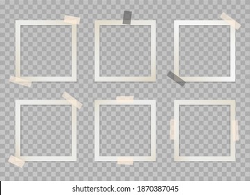 Set of square photo frames with adhesive tape. Vector 3d realistic. Mockup for modern design. Blank template on a transparent background. 6 empty beige photo cards with black and beige sticky tape.