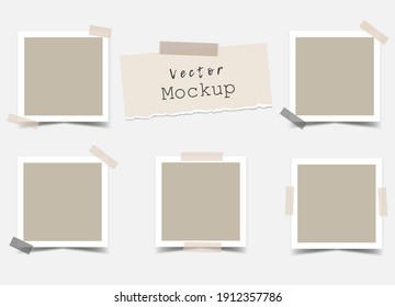 Set of square photo frames with adhesive tape and a piece of torn paper. Mockup for design, portfolios, social media or branding. Mood Board Blank template. Vector 3d realistic. 5 empty photo cards. 