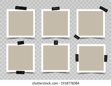 Conjunto de marcos de foto cuadrados con cinta adhesiva negra. Vector realista. Tragedia para diseño o presentación. Plantilla sobre fondo transparente. 6 tarjetas de foto beige vacías con diferentes cintas adhesivas.EPS10