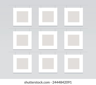 Set of square photo frames. Collage of 9 empty hanging photo cards. Vector realistic Mockup for interior design, presentations, mood board, collages. Blank template on beige. EPS10.