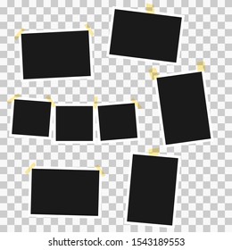 	
Set of square photo frames on sticky tape, pins. Template photo design. Vector illustration. Isolated on transparent background. Vector 