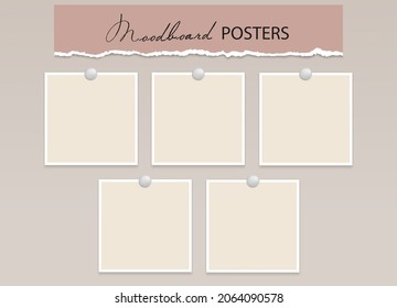 Set of square photo frames on pins. 5 empty posters or paper sheets for note with white border. Mood board Blank template. Vector realistic Mockup. EPS10.