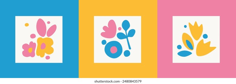 Set of square plant posters. Colorful images of flowers. Isolated objects, vector