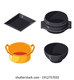 Set of square plate, brass pot, bowl and ttukbaegi Korean stone pot