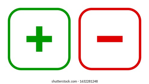 Set of square plus & minus sign line icons, buttons. Flat positive & negative symbols on a white background. Vector EPS 10