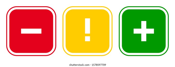 Set of square plus sign, exclamation point, minus sign icons, buttons isolated on white background.