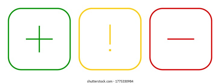Set of square plus sign, exclamation point and minus sign thin line icons, buttons isolated on a white background. EPS10 vector file