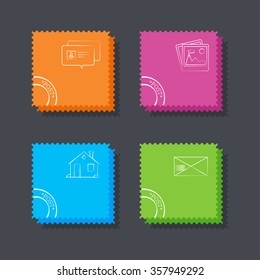 Set of the square post cards on the dark background with outline different icons
