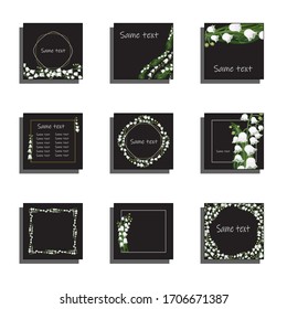 Set of square postcards with beautiful bouquets of lilies of the valley on a black background. Wreaths and frames with delicate flowers and place for text.