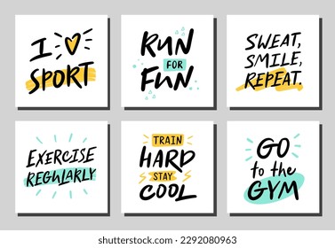 Set of square posters about sport. Vector calligraphy artwork. Concept for runner, fitness trainer, gym ad, bodybuilders, healthy life. Graphic for social media, business card, sticker, tee print.