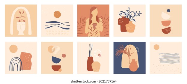 A set of square posters with abstract still lifes with vases, the sea, the figure of a woman, simple forms on the theme of nature. Flat modern vector illustration for wall decor, covers, social media