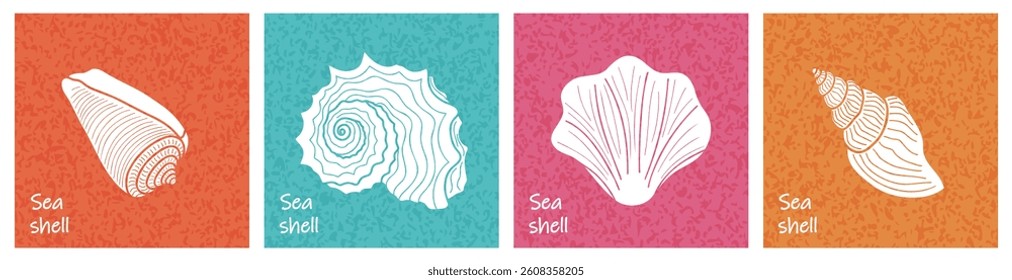 Set of square posters or cards with seashell silhouettes, minimalist marine design for cover, banner, packaging, advertising