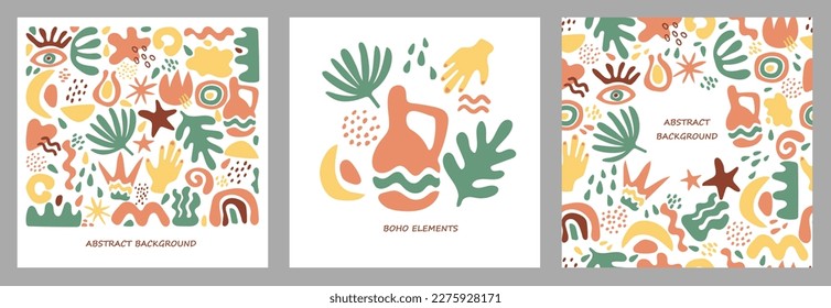 Conjunto de carteles cuadrados o cubiertas con formas orgánicas abstractas. Plantilla de Boho en colores pastel sobre fondo blanco. Arcoiris, olla de arcilla, hojas, mano, corona, ojo, manchas amorfas. Ilustración vectorial.