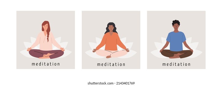 Set Of Square Posters With Diverse Female And Male People Meditating On Lotus Flower And Doing Yoga Breathing Exercise. Woman And Man Practicing Pranayama. Card Template With Title Meditation. Vector.