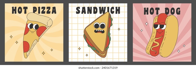 Set of square posters with groovy pizza, hot dog and sandwich. Cartoon characters in trendy retro style. Template for banner, poster, flyer. Vector illustration