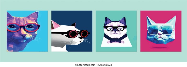 Set square posters  Hand drawn portrait cat in geometric polygon and sunglasses  Vector isolated elements  Cat and glasses  Print design  kids t  shirt print