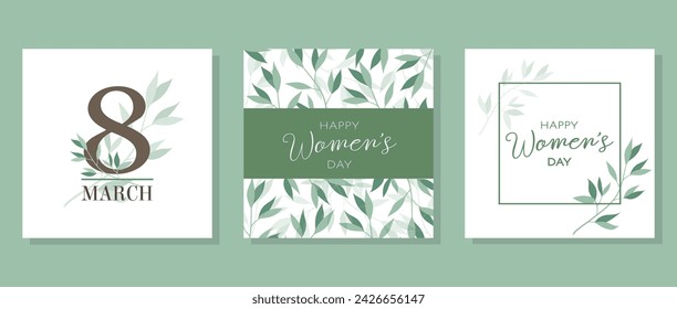 Set of square posters for International Women's Day, March 8. Minimalist design with leaf pattern