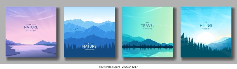 Conjunto de carteles cuadrados con paisajes. Puesta de sol cerca del río, cordilleras y bosque, atardecer en el lago, amanecer en las montañas. Imagen vectorial. El concepto de turismo, recreación activa, senderismo.