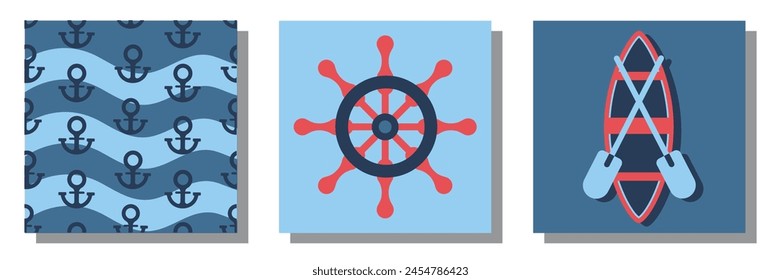 A set of square posters on a marine theme with a boat and a vintage steering wheel. Vector illustration for wall decoration, banners, prints