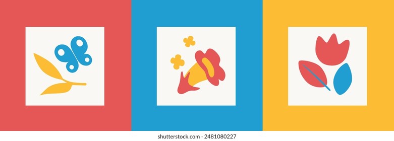 Set of square posters with plants. Colorful images of flowers. Isolated objects, vector