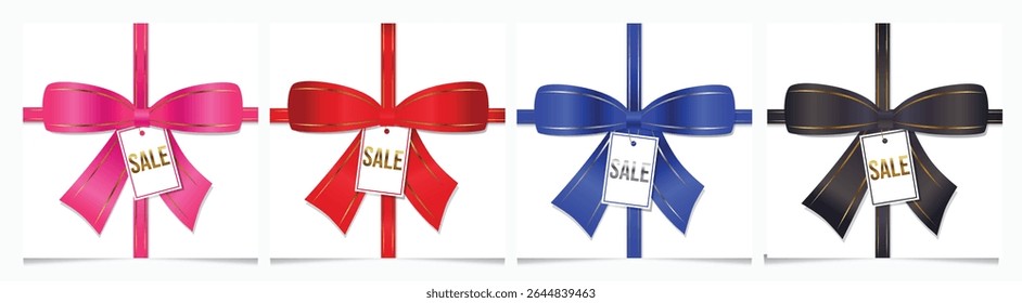 Set of square posters with satin bows in red, blue, pink, black with gold border and decorative sale label. Vector.