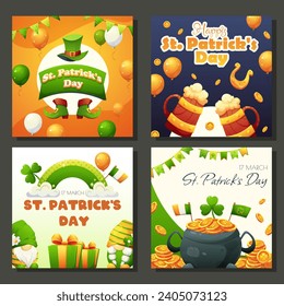 Set of square posters for St. Patrick's Day. Cartoon holiday greetings in green, orange and white colors. Vector illustration