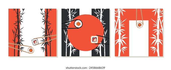 Set of square posts for social media with Japanese, rolls with room for text. Menu, food concept, restaurant advertising. Banner, promo, discount, sale. Vector