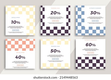 Set of square promotion web banners for social media mobile apps. Modern sale and discount promo backgrounds with geometric pattern. Vector editable background EPS 10