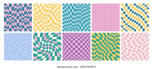 Satz von quadratischen psychedelischen Schachbrettern mit verzerrten Gitterfliesen. Groovy karierte nahtlose Muster im trendigen Y2K-Stil. Funky Hippie Gingham Cover. Retro gewelltes Schachbrett mit surrealen geometrischen Formen