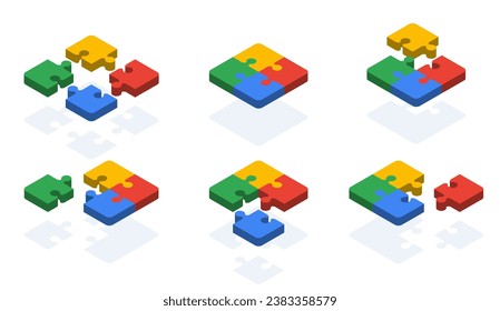 Set of square puzzle template. Square diagram with 4 steps, pieces, parts. 3d isometric illustration for infographic, chart, business process and cycles, data analytic and visualization, presentation.