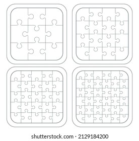 Set of square puzzles 3, 4, 5 and 6 pieces each side with rounded corners, set of jigsaw vector templates made of 9, 16, 25 and 36 elements