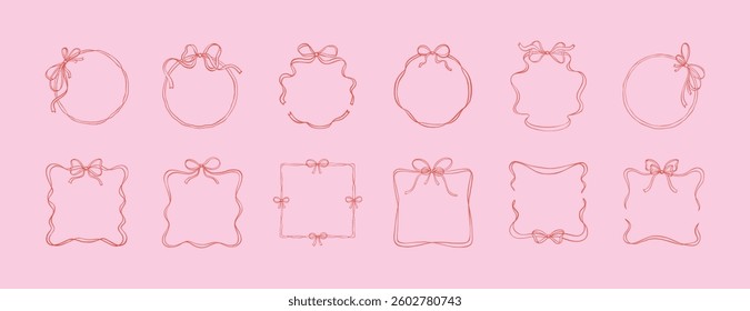 Set of square, rectangle and circle bow ribbon frames. Coquette aesthetic style. Hand drawn cute line doodle romantic vector illustration. Whimsical wavy border. Minimalist art drawing