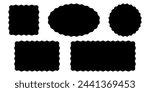 Set of square, rectangle, circle and oval shapes with wavy edges. Empty text boxes, tags, labels or stickers templates with undulate borders isolated on white background. Vector graphic illustration.