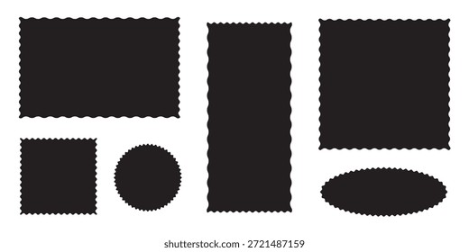 Conjunto de Formas cuadradas, rectangulares, circulares y ovaladas con bordes ondulados. Cajas de texto vacías, Plantillas, etiquetas o pegatinas con bordes ondulados y Ilustración vectorial de efecto ondulado sobre fondo blanco