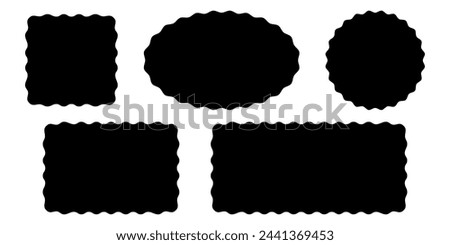 Set of square, rectangle, circle and oval shapes with wavy edges. Empty text boxes, tags, labels or stickers templates with undulate borders isolated on white background. Vector graphic illustration.