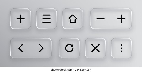 Set of square and rectangle liquid glass icons. Glossy buttons with add, menu, home, zoom, arrows, refresh, close, and more symbols for modern web design.