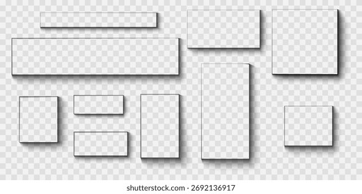 Set of square and rectangular boxes, web banners or cards shadow effects. Different realistic soft blurry shapes. Shades mockups isolated on transparent background. Vector realistic illustration.