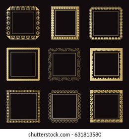 Set of square and rectangular frames isolated on a black background. Gold frames.