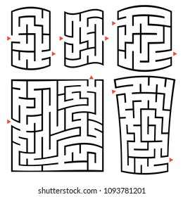 A set of square and rectangular labyrinths with entrance and exit. Simple flat vector illustration isolated on white background