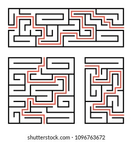 A set of square and rectangular labyrinths with entrance and exit. Simple flat vector illustration isolated on white background. With the answer
